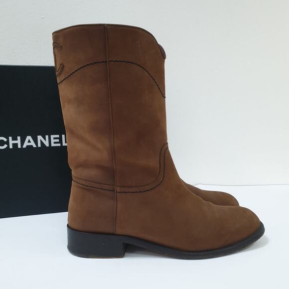 Chanel Camel Nubuck Leather CC Mid-Length Boots - Size 38 - Picture 1 of 13